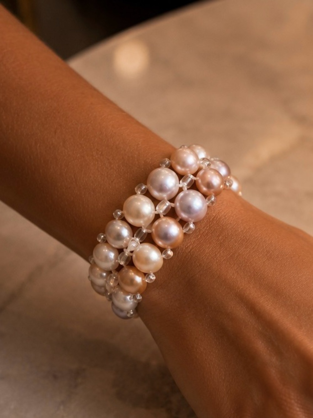 Multi-Row REAL PEARLS Stretch Bracelet - Iridescent White & Pink